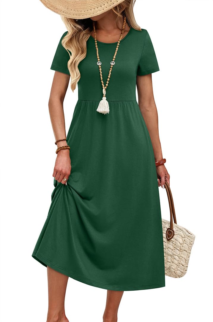 OFEEFAN Spring Summer Dresses for Women 2026 Crewneck Short Sleeve Flowy Casual Midi Beach Sundress with Pockets