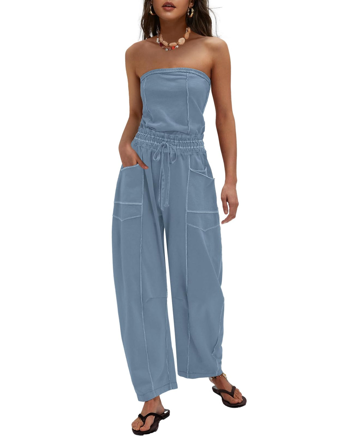 LAMISSCHE Womens Casual Strapless Jumpsuits off the Shoulder Summer Rompers Sleeveless One Piece Outfits with Pockets