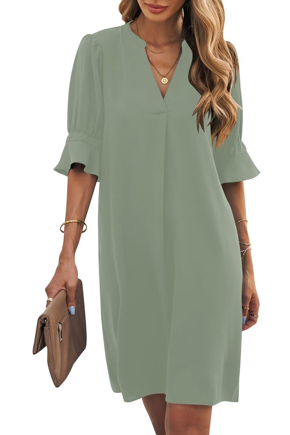 Wkior Womens Summer Ruffle Short Sleeve V Neck Shift Dress