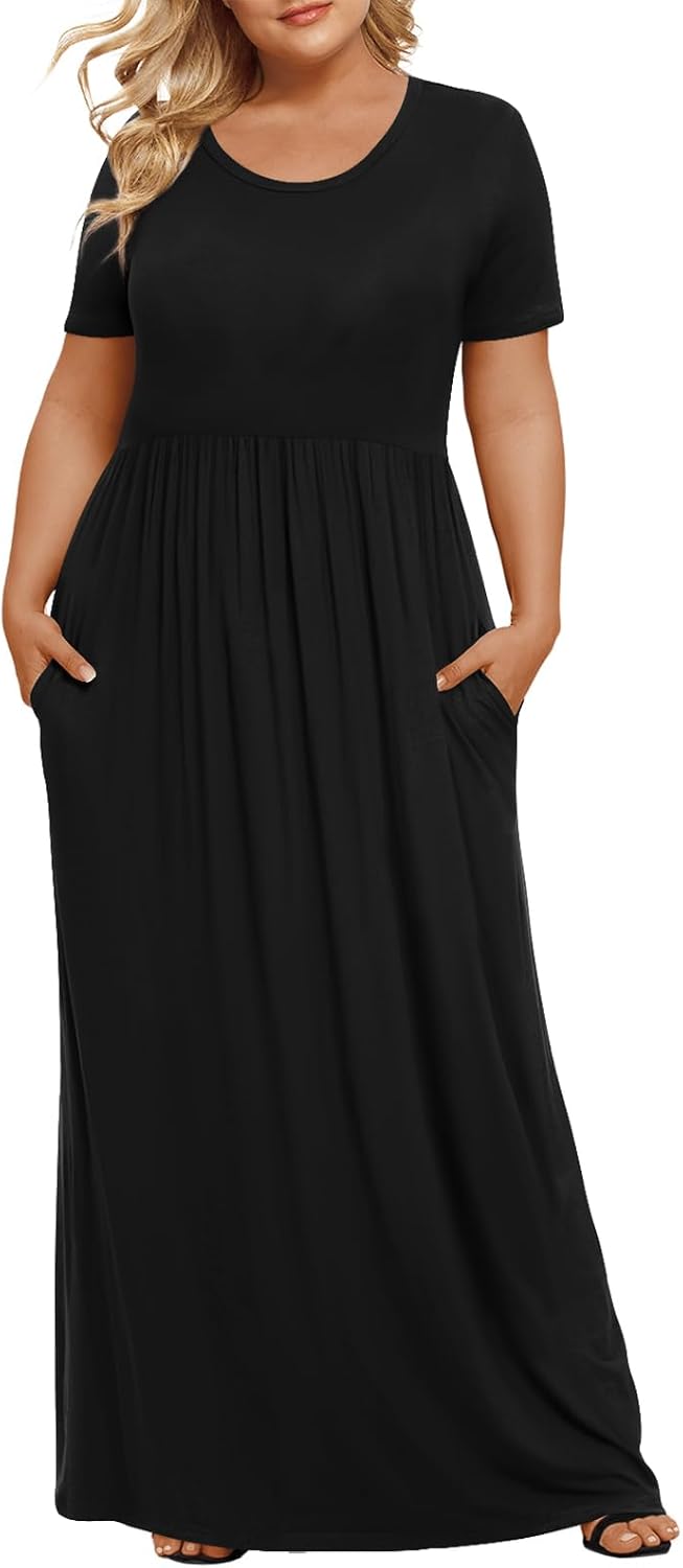 LONGYUAN Women's Plus Size Maxi Dresses Summer Short Sleeve Casual Long Dress 2026 XL-6XL