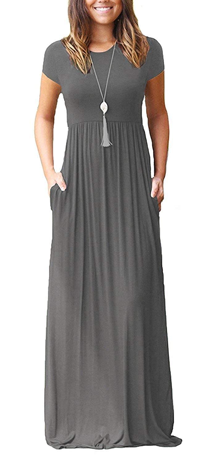 DEARCASE Maxi Dress for Women Short Sleeve Casual Summer Loose Plain Comfy Long Dresses with Pockets