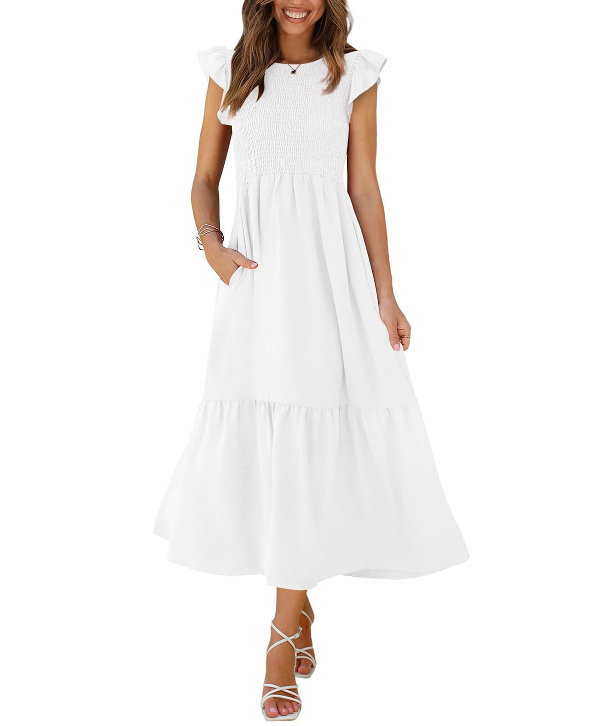 OFEEFAN Women's Casual Maxi Dresses with Pockets Ruffle Sleeve Smocked Dress XS-2XL