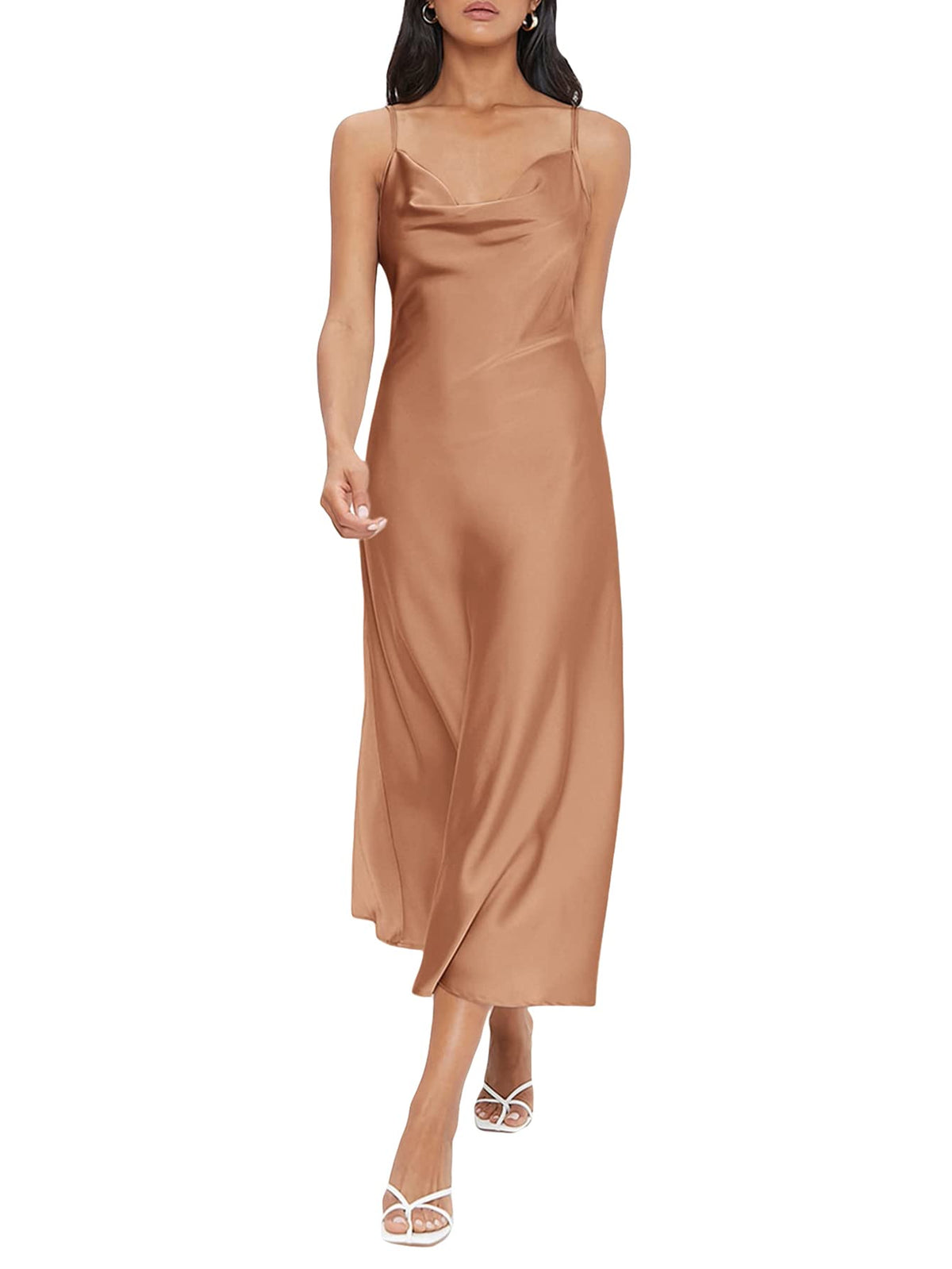 Floerns Women's Spaghetti Strap Cowl Neck Long Slip Satin Silk Midi Dress