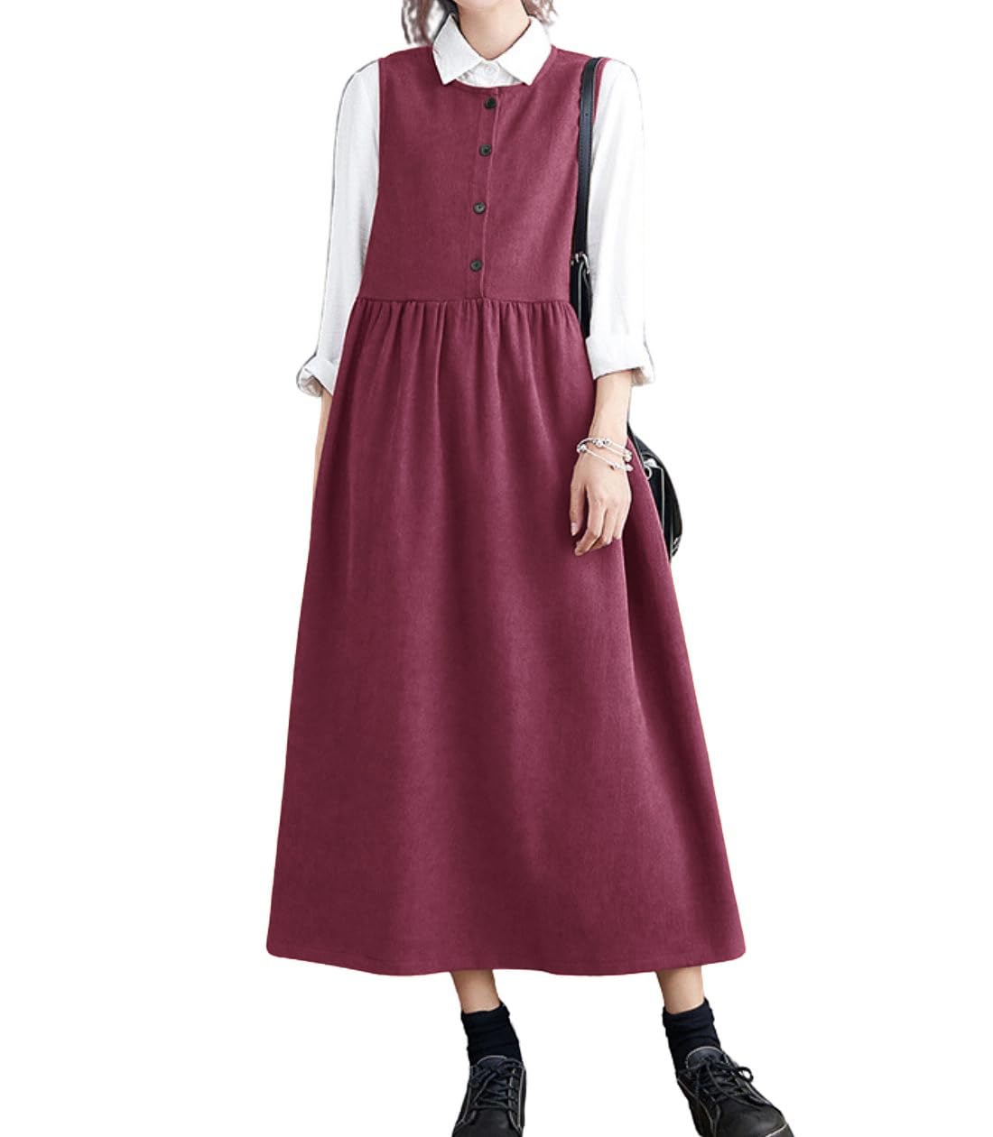 chouyatou Women's Cute Sleeveless Corduroy Overall Dress Jumper Midi Babydoll Tank Dress with Pockets