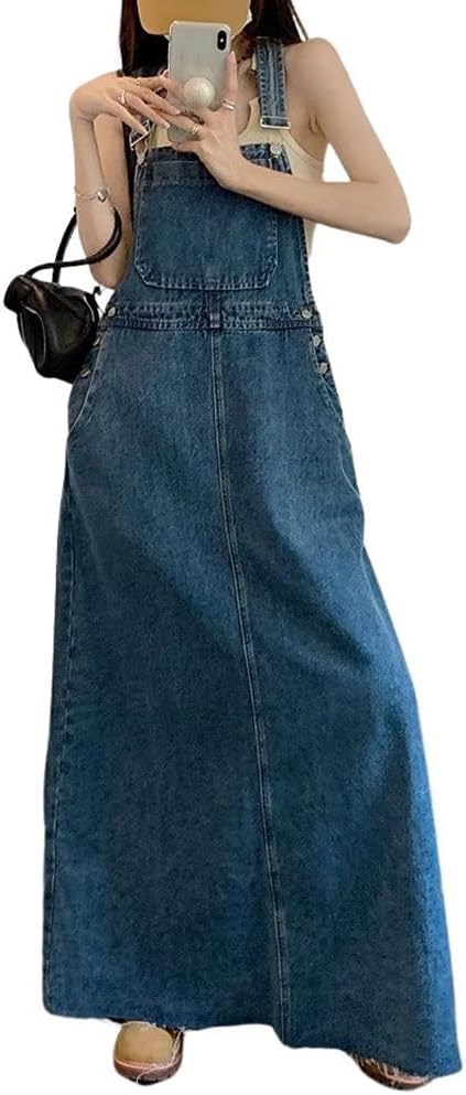 chouyatou Women's Adjustable Strap Distressed Denim Overall Dress A-Line Back Split Pinafore Bib Jean Dress