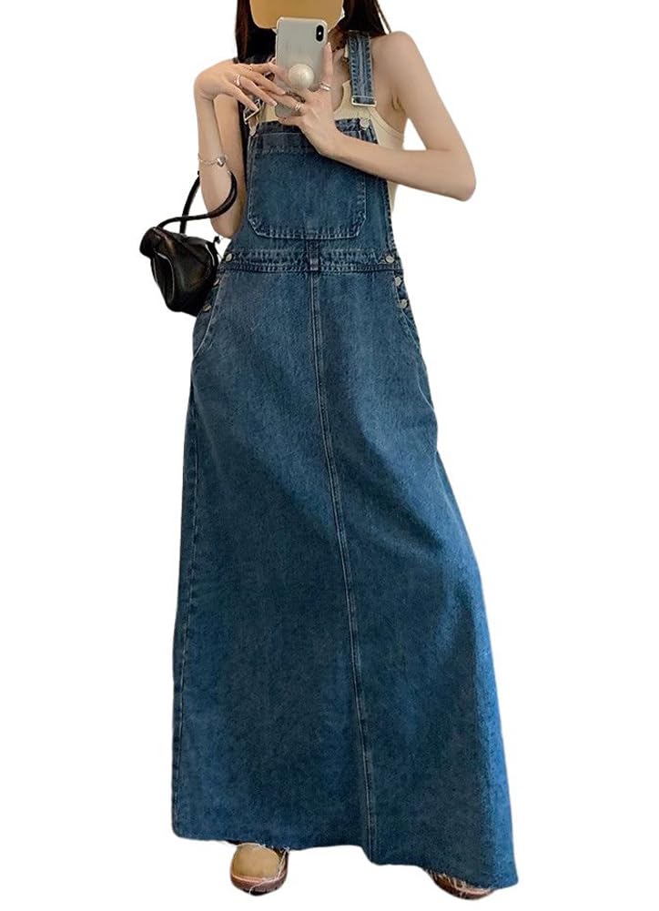 chouyatou Women's Adjustable Strap Distressed Denim Overall Dress A-Line Back Split Pinafore Bib Jean Dress