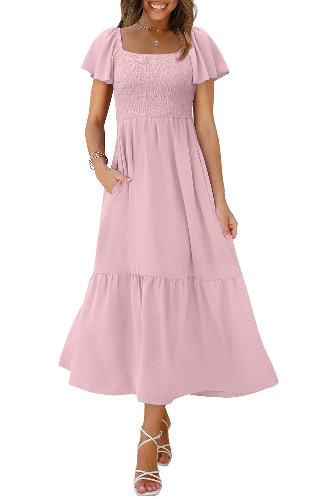 OFEEFAN Summer Dresses for Women Square Neck Ruffle Sleeve Smocked Maxi Dress with Pockets