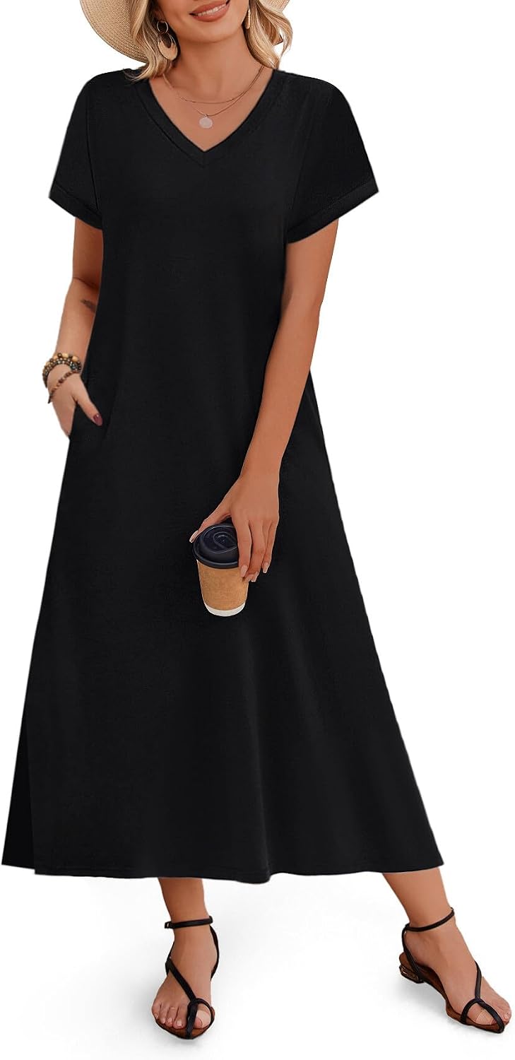 Zeagoo Women Summer Floral Dress Short Sleeve Beach Dress with Pockets Casual V-Neck Split Long T-Shirt Dress Travel Vacation