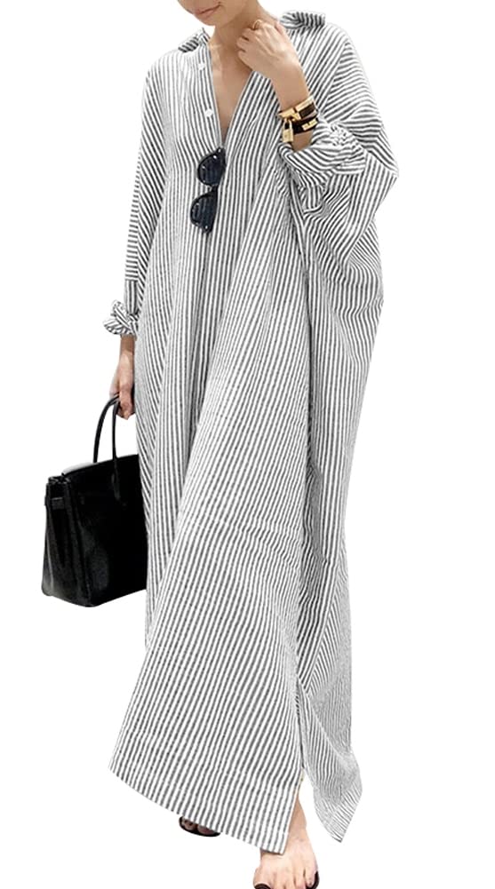 chouyatou Women's Casual Long Sleeve Button Down Loose Striped Cotton Maxi Shirt Dress