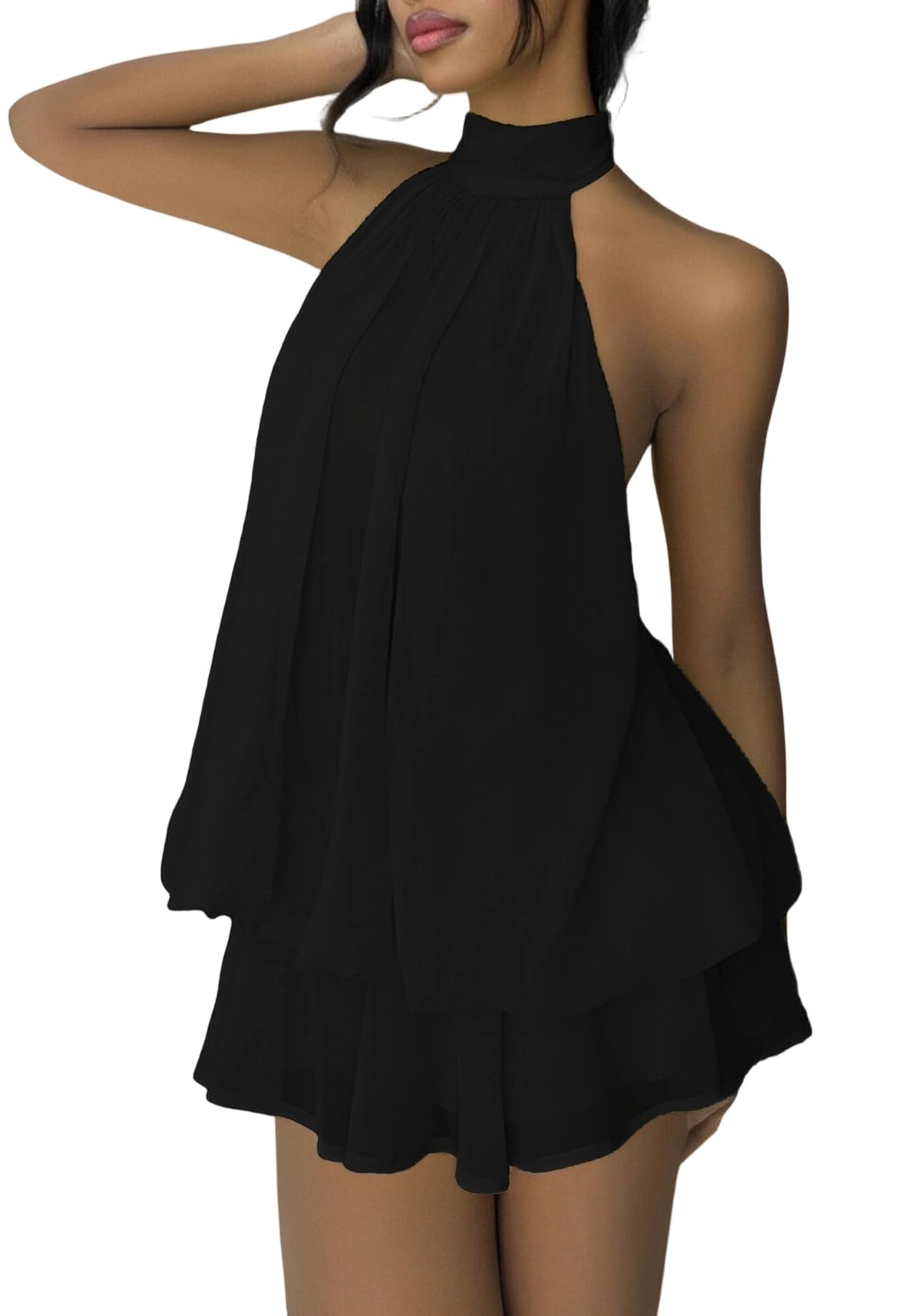 SHINFY Women's Chiffon Halter Flowy Ruffle Backless Birthday Mini Dress
