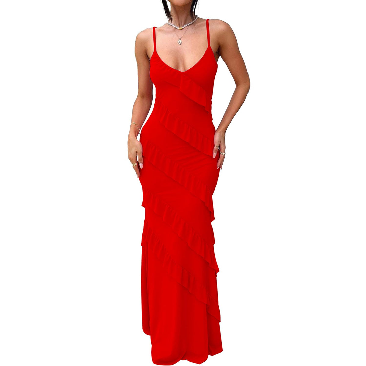 HOCILLE Women's Sexy V Neck Mesh Bodycon Wedding Guest Cocktail Maxi Dress