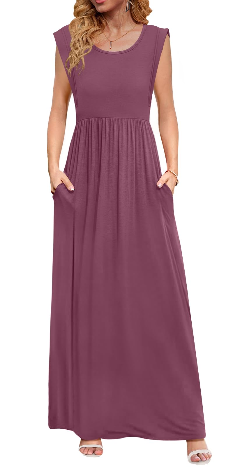 DB MOON Womens 2026 Maxi Dresses Empire Waist Long Summer Dress Casual Cap Short Sleeve Sundress with Pockets