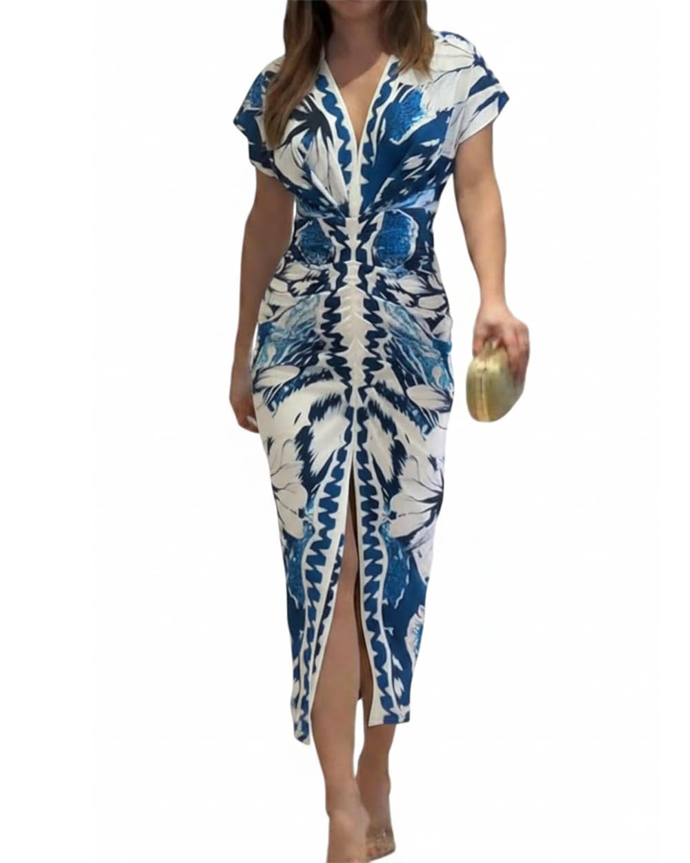 CHICME Dresses for Women Floral Plunge V Neck Ruched Midi Dress