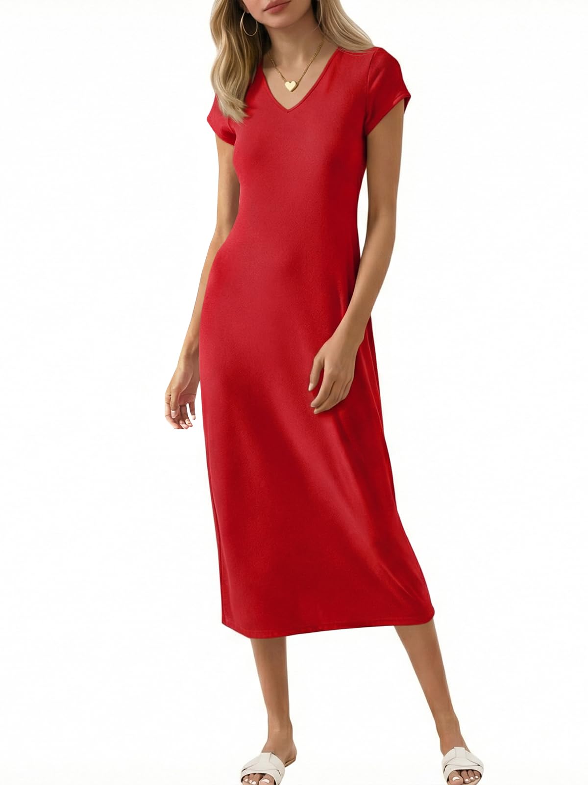 Wenrine Womens Short Sleeve T-Shirt Dress V Neck Summer Casual Midi Dresses