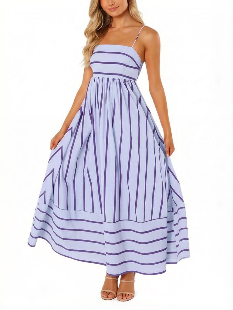 chouyatou Women's Striped Back Smocked Maxi Dress Sexy Spaghetti Strap Cut Out Flowy Swing Long Dress
