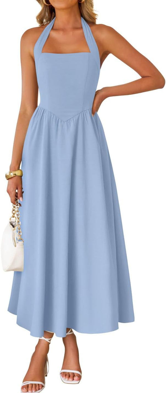 ZESICA Women's Summer Sleeveless Halter Wedding Guest Maxi Dress