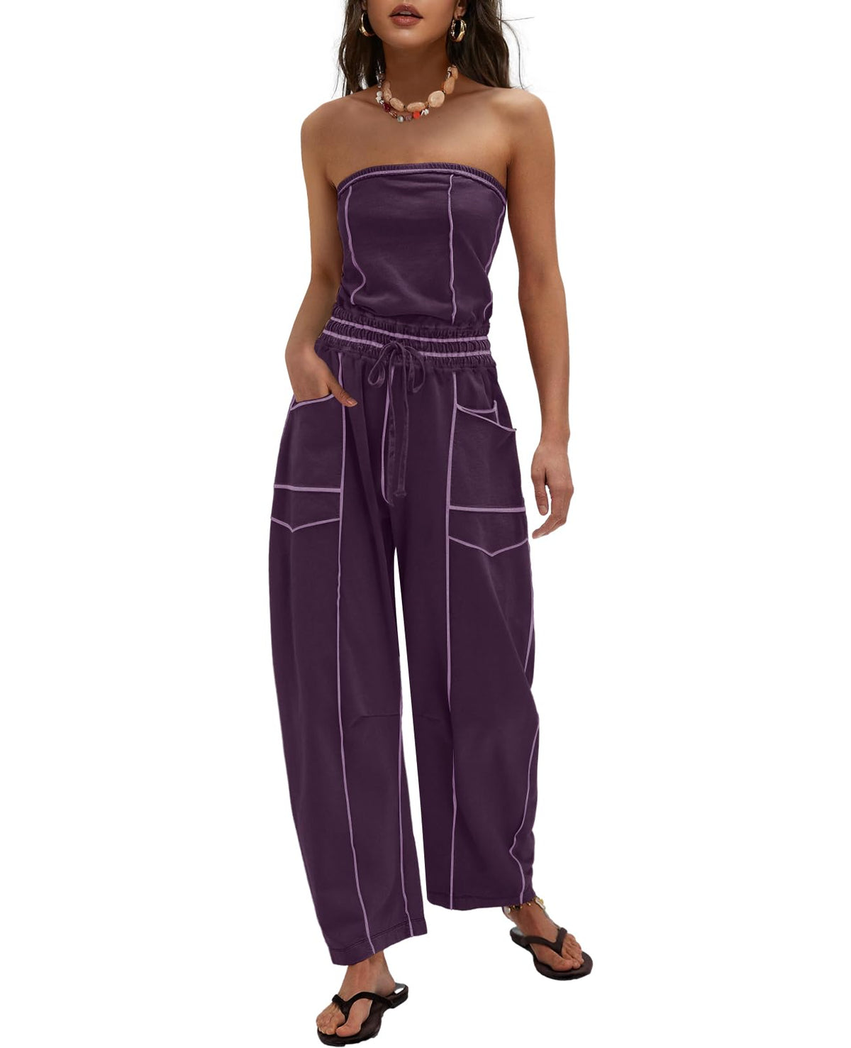 LAMISSCHE Womens Casual Strapless Jumpsuits off the Shoulder Summer Rompers Sleeveless One Piece Outfits with Pockets