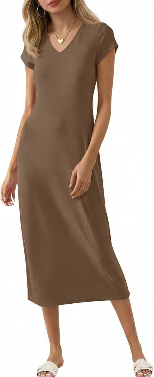Wenrine Womens Short Sleeve T-Shirt Dress V Neck Summer Casual Midi Dresses