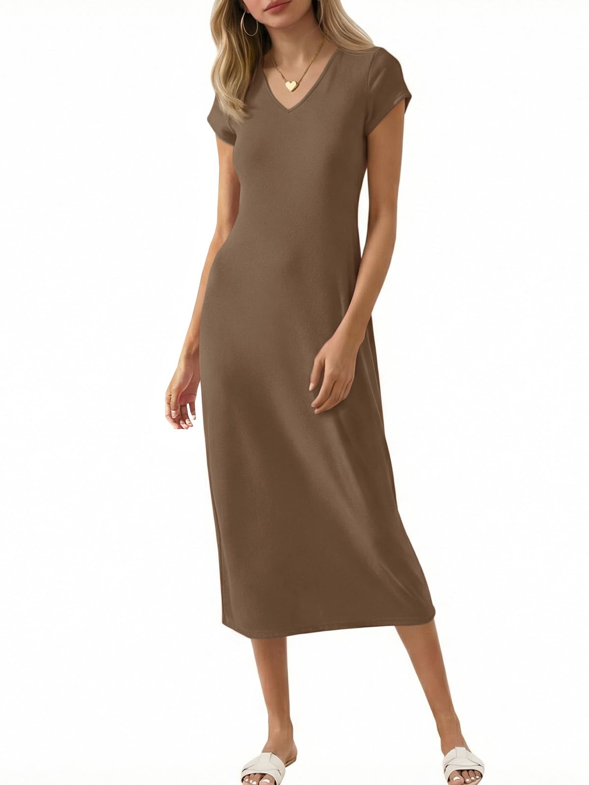 Wenrine Womens Short Sleeve T-Shirt Dress V Neck Summer Casual Midi Dresses