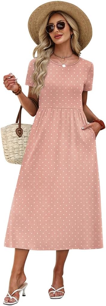 OFEEFAN Spring Summer Dresses for Women 2026 Crewneck Short Sleeve Flowy Casual Midi Beach Sundress with Pockets