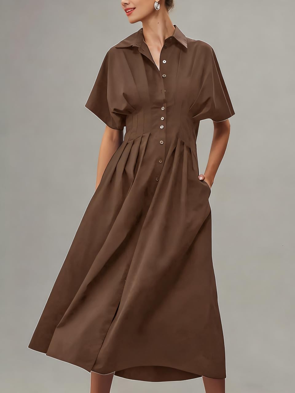 Yeokou Shirt Dress for Women Summer Casual Short Sleeve Button Down Loose Pleated Maxi Sundress with Pockets