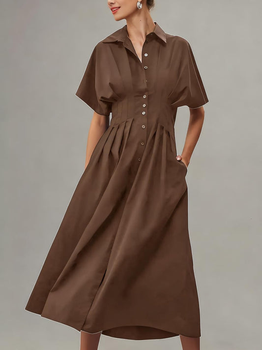 Yeokou Shirt Dress for Women Summer Casual Short Sleeve Button Down Loose Pleated Maxi Sundress with Pockets