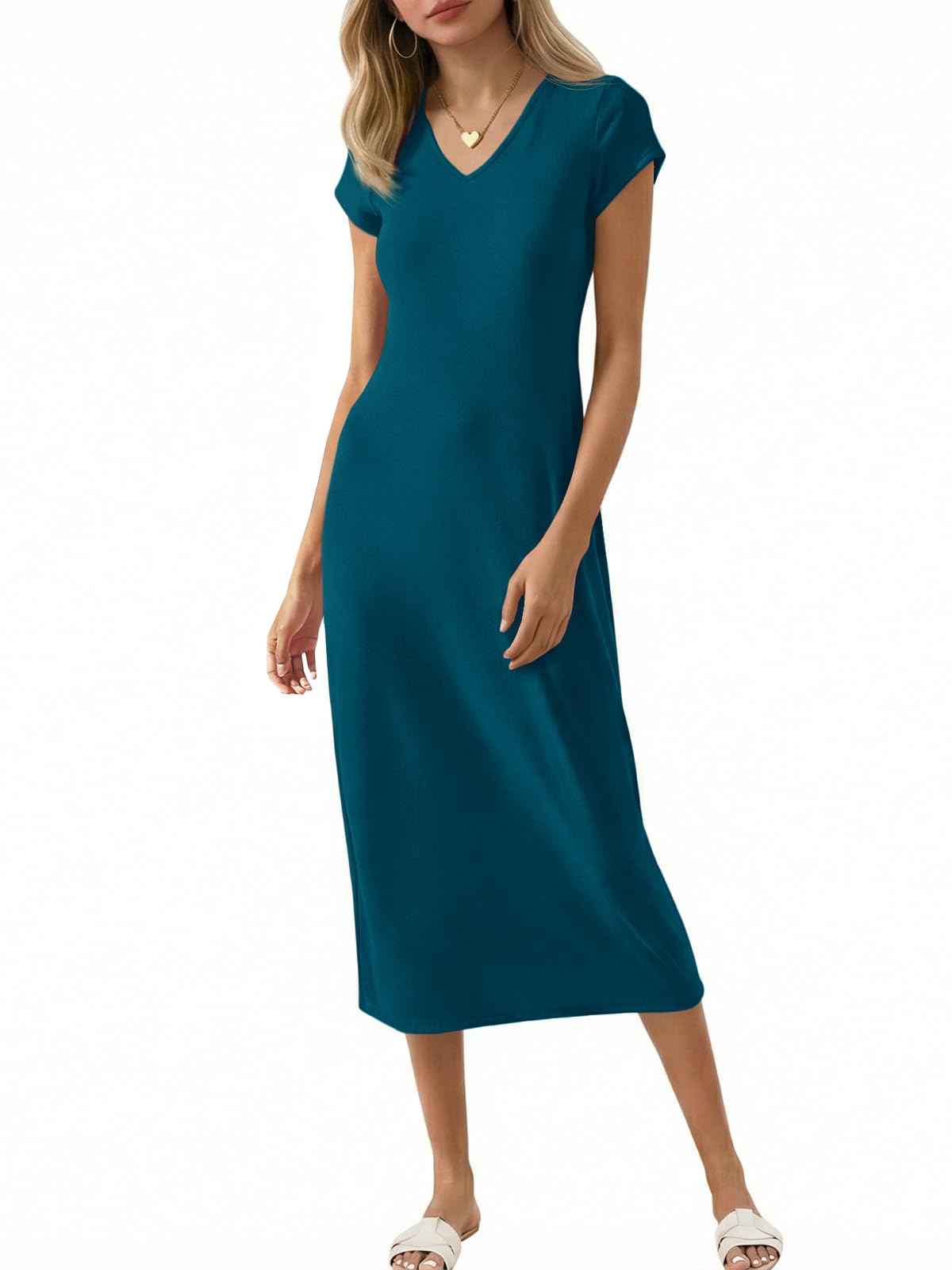 Wenrine Womens Short Sleeve T-Shirt Dress V Neck Summer Casual Midi Dresses