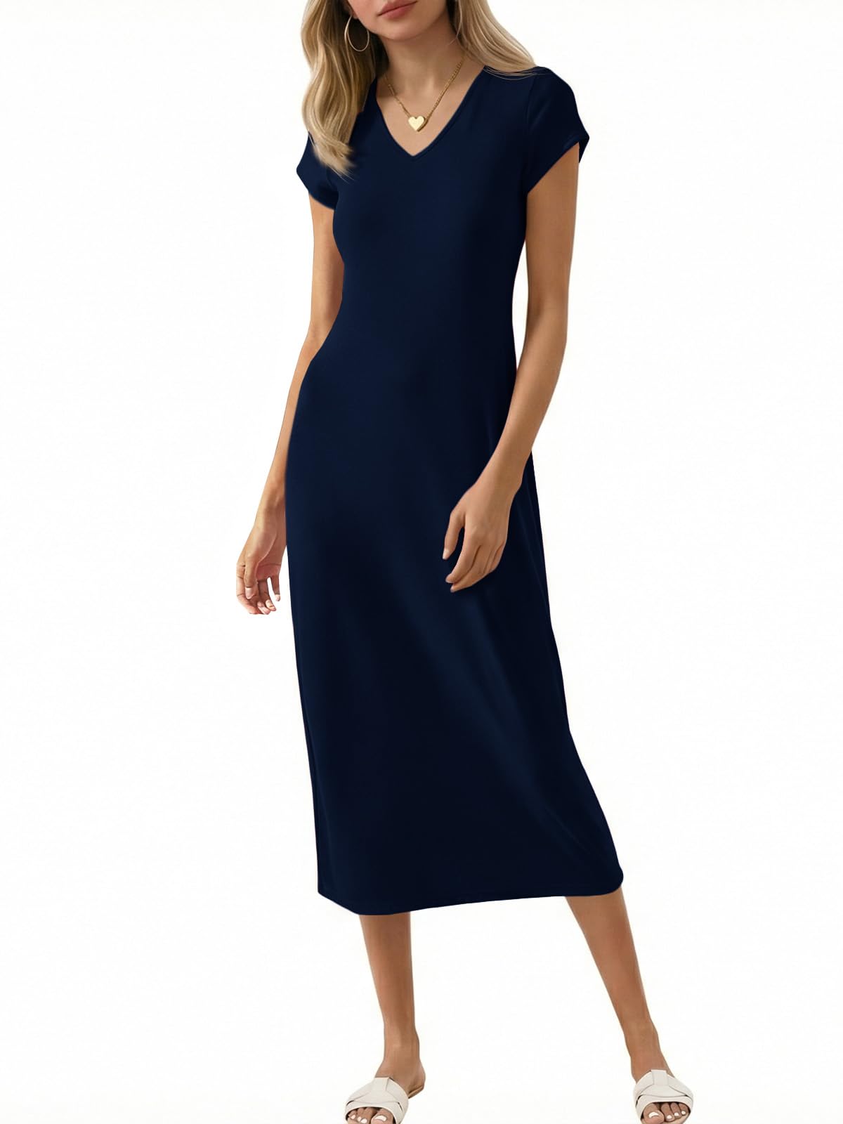 Wenrine Womens Short Sleeve T-Shirt Dress V Neck Summer Casual Midi Dresses