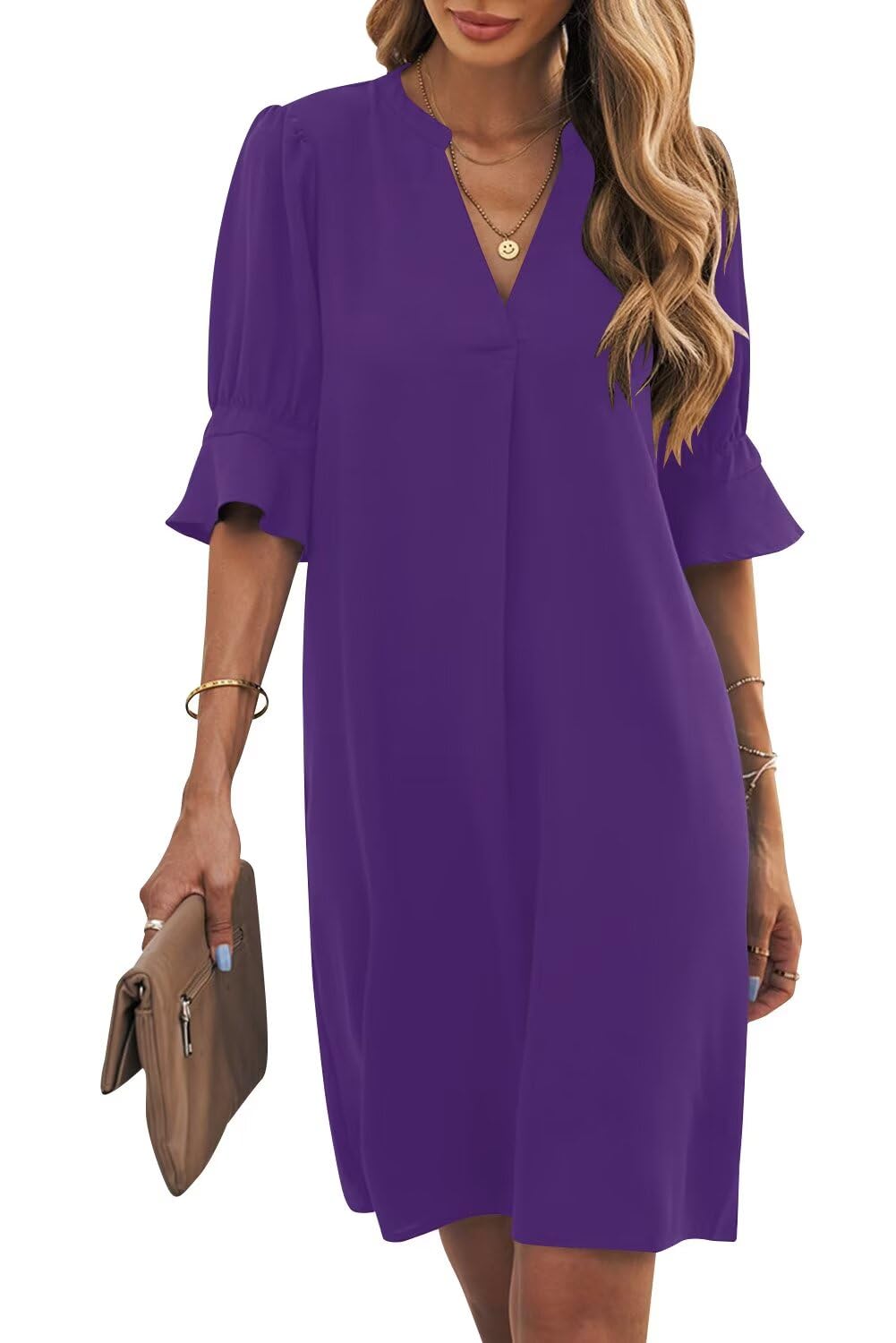 Wkior Womens Summer Ruffle Short Sleeve V Neck Shift Dress