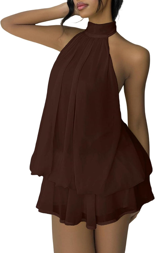 SHINFY Women's Chiffon Halter Flowy Ruffle Backless Birthday Mini Dress