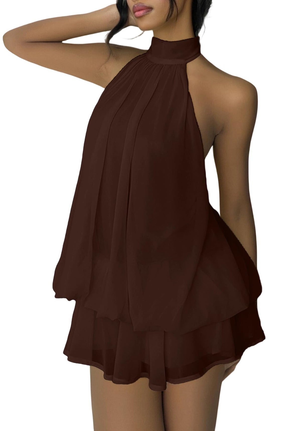 SHINFY Women's Chiffon Halter Flowy Ruffle Backless Birthday Mini Dress