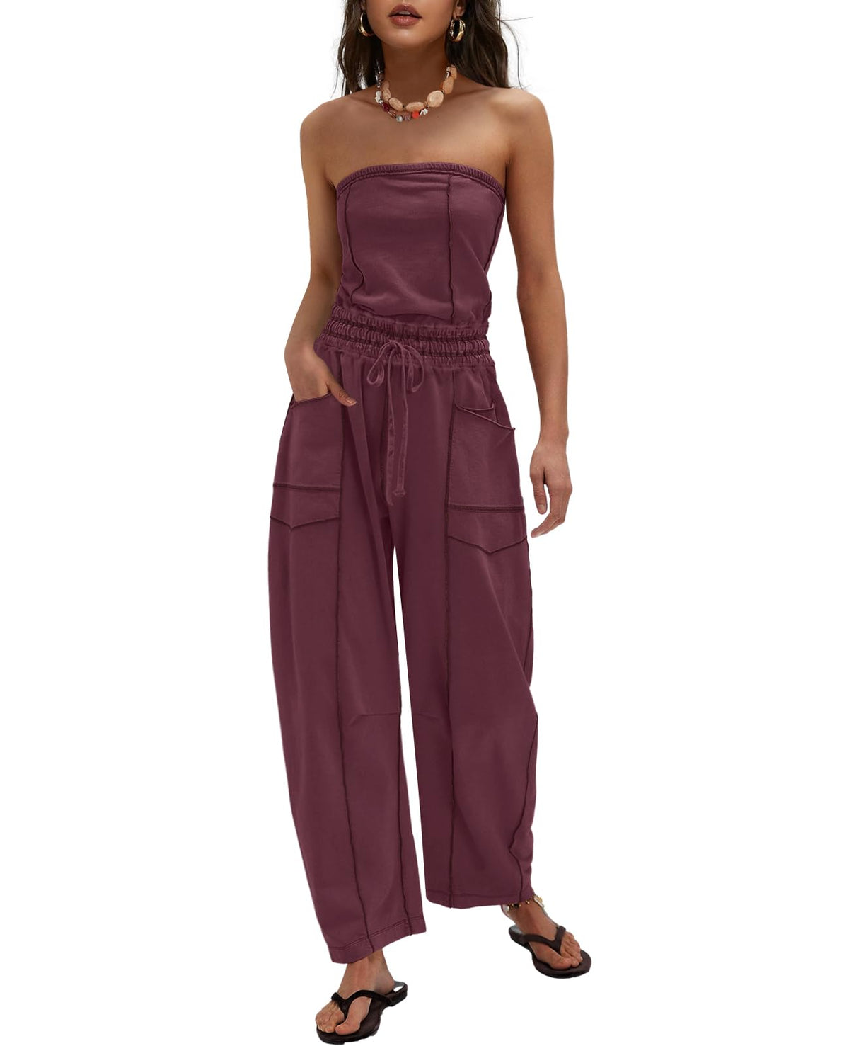 LAMISSCHE Womens Casual Strapless Jumpsuits off the Shoulder Summer Rompers Sleeveless One Piece Outfits with Pockets