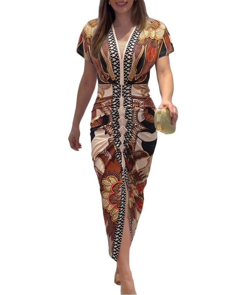 CHICME Dresses for Women Floral Plunge V Neck Ruched Midi Dress