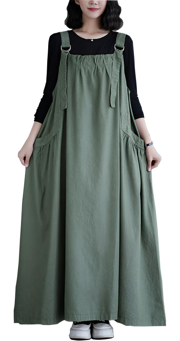 Denim Jumper Dress for Women Loose Version Baggy Style Maxi Length Adjustable Straps Wide Hemline