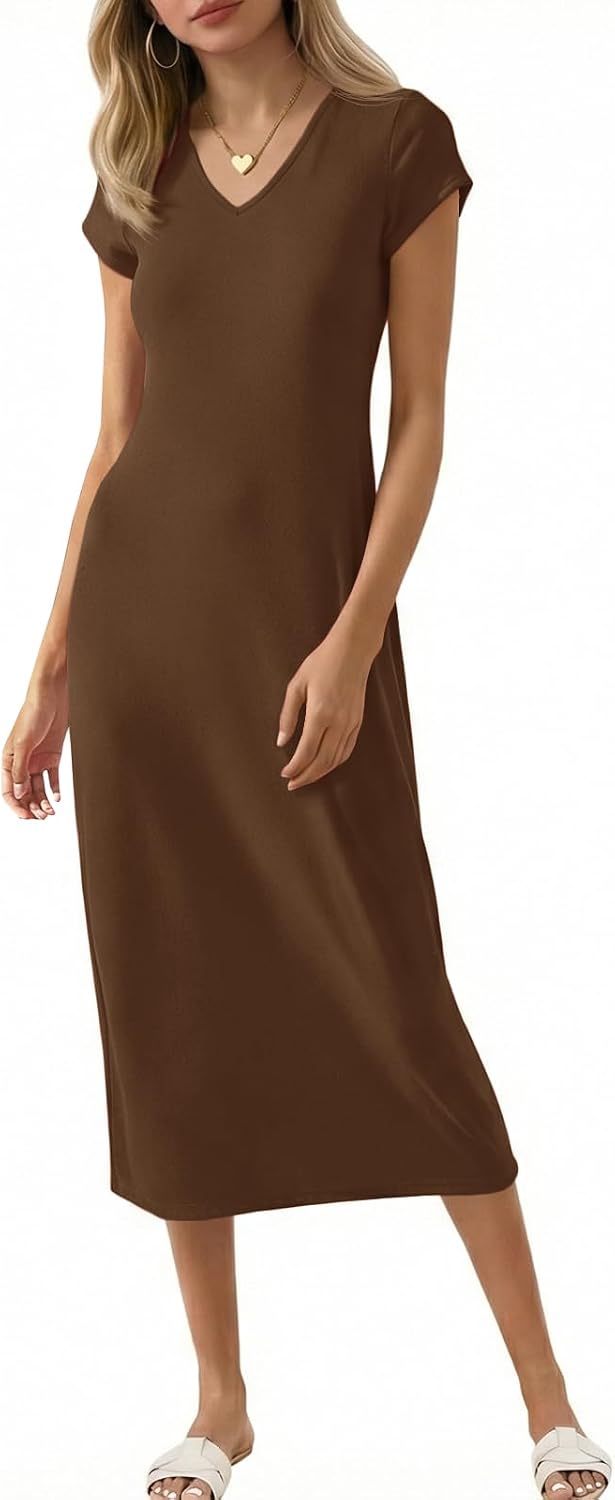 Wenrine Womens Short Sleeve T-Shirt Dress V Neck Summer Casual Midi Dresses