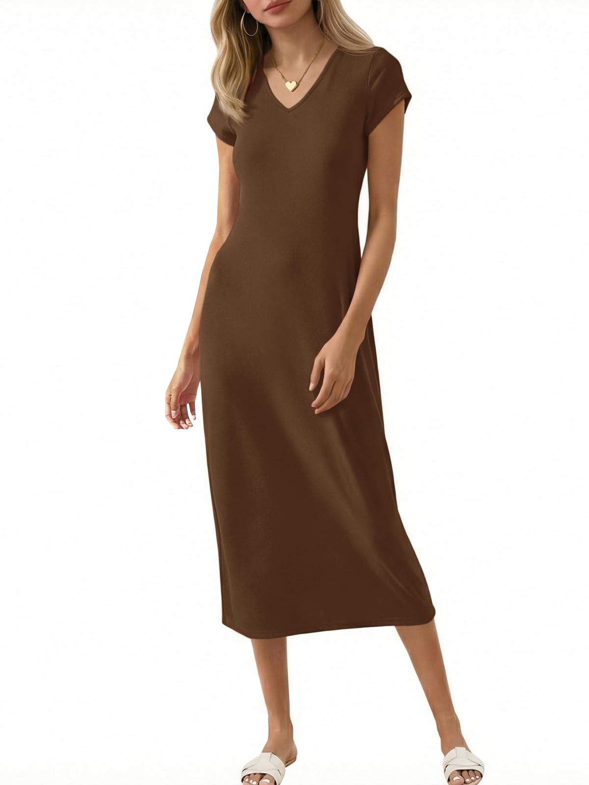 Wenrine Womens Short Sleeve T-Shirt Dress V Neck Summer Casual Midi Dresses