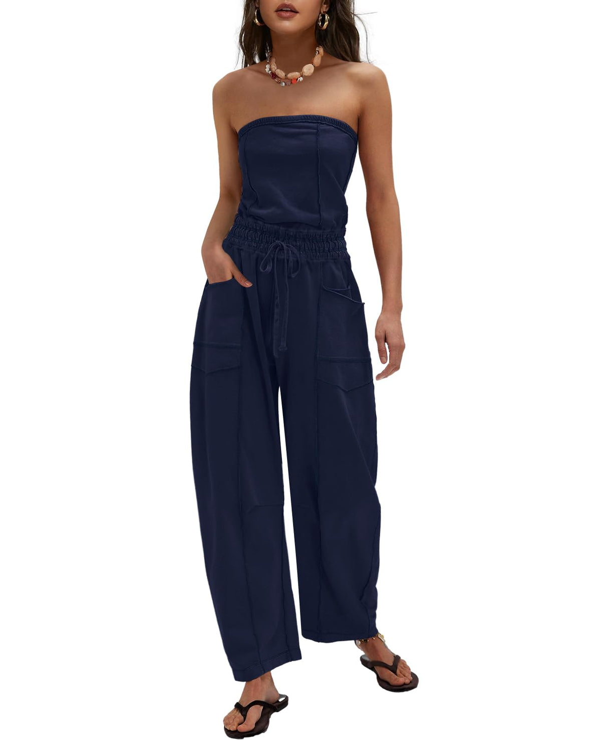 LAMISSCHE Womens Casual Strapless Jumpsuits off the Shoulder Summer Rompers Sleeveless One Piece Outfits with Pockets
