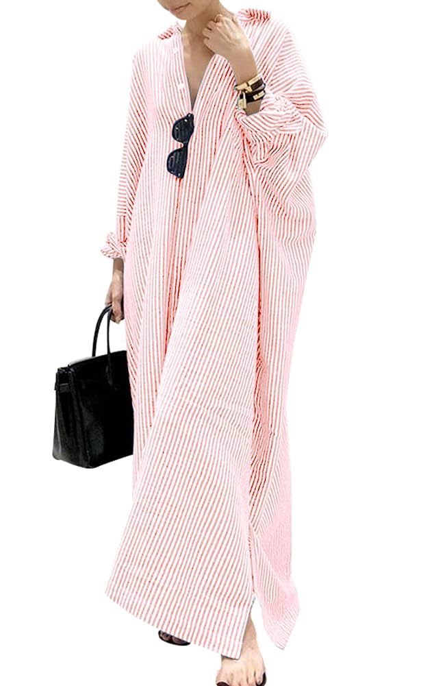 chouyatou Women's Casual Long Sleeve Button Down Loose Striped Cotton Maxi Shirt Dress