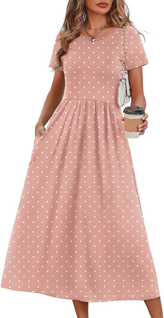 OFEEFAN Spring Summer Dresses for Women 2026 Crewneck Short Sleeve Flowy Casual Midi Beach Sundress with Pockets