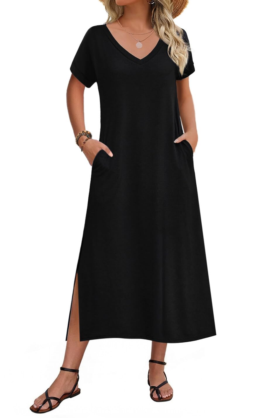Zeagoo Women Summer Floral Dress Short Sleeve Beach Dress with Pockets Casual V-Neck Split Long T-Shirt Dress Travel Vacation