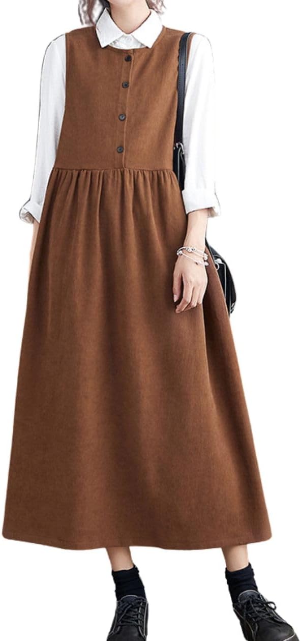 chouyatou Women's Cute Sleeveless Corduroy Overall Dress Jumper Midi Babydoll Tank Dress with Pockets