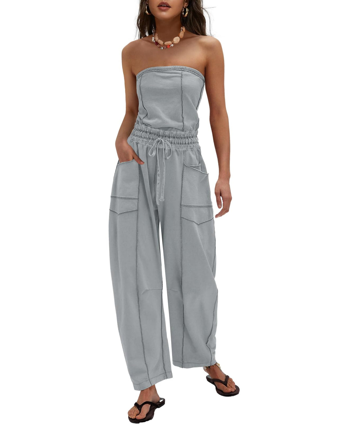 LAMISSCHE Womens Casual Strapless Jumpsuits off the Shoulder Summer Rompers Sleeveless One Piece Outfits with Pockets