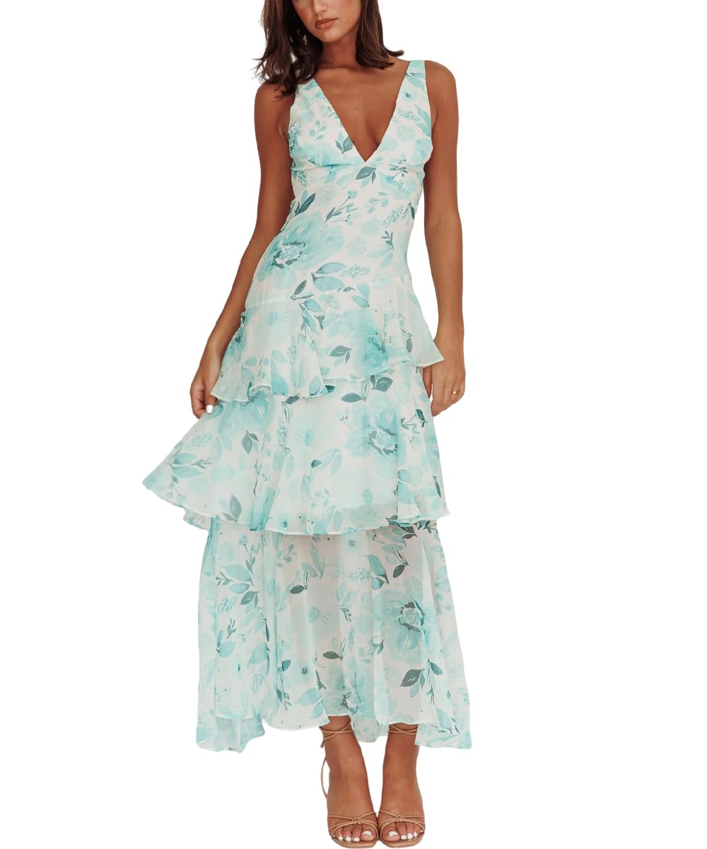 Women's Floral Maxi Dress Sexy Deep V Neck Backless Ruffles Dresses Beach Party Wedding Guest Dress