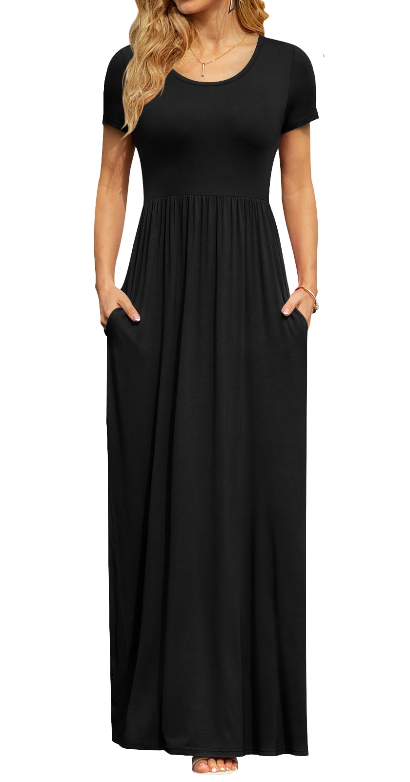 DB MOON Women's Summer Maxi Dress Casual Short Sleeve Empire Waist Pockets