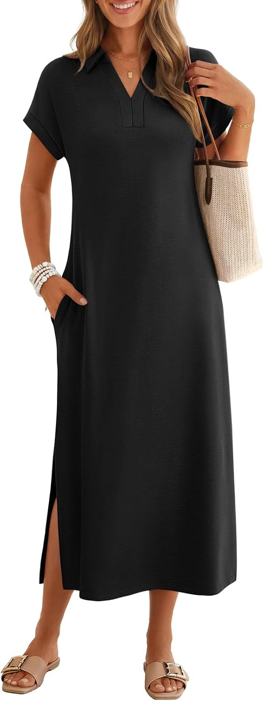 MEROKEETY Women's Summer Casual V Neck Collared T Shirt Long Maxi Dress