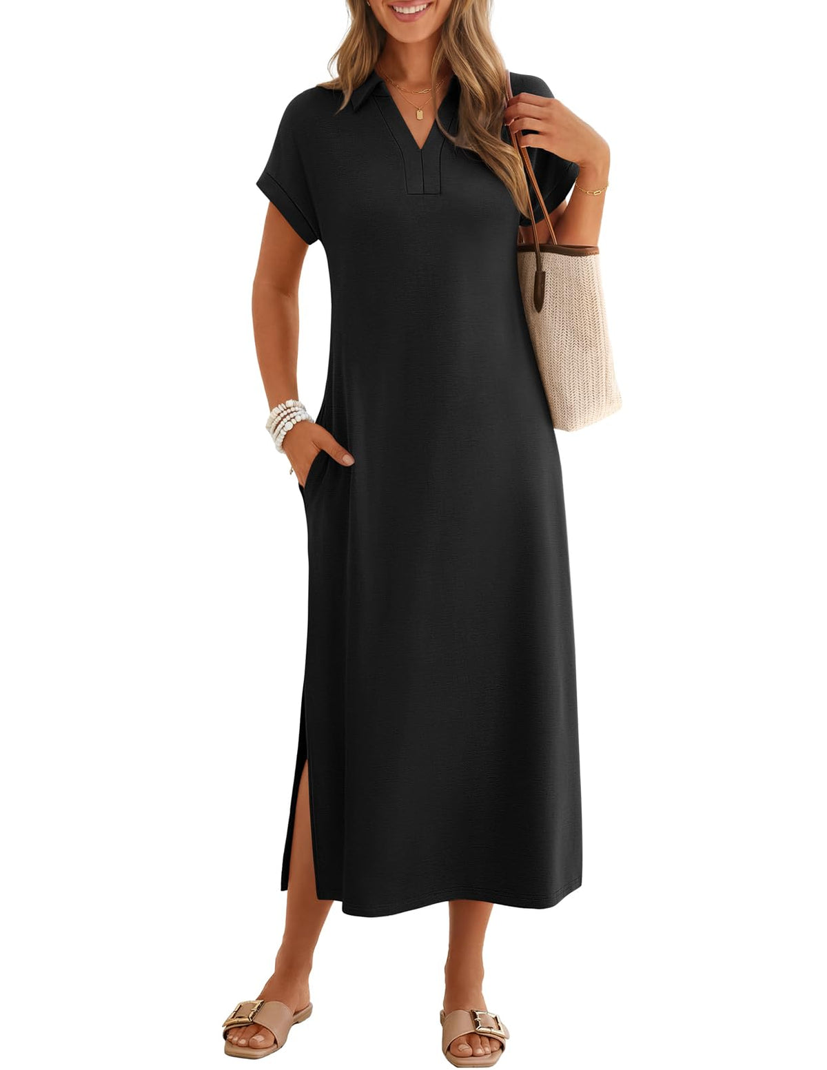 MEROKEETY Women's Summer Casual V Neck Collared T Shirt Long Maxi Dress