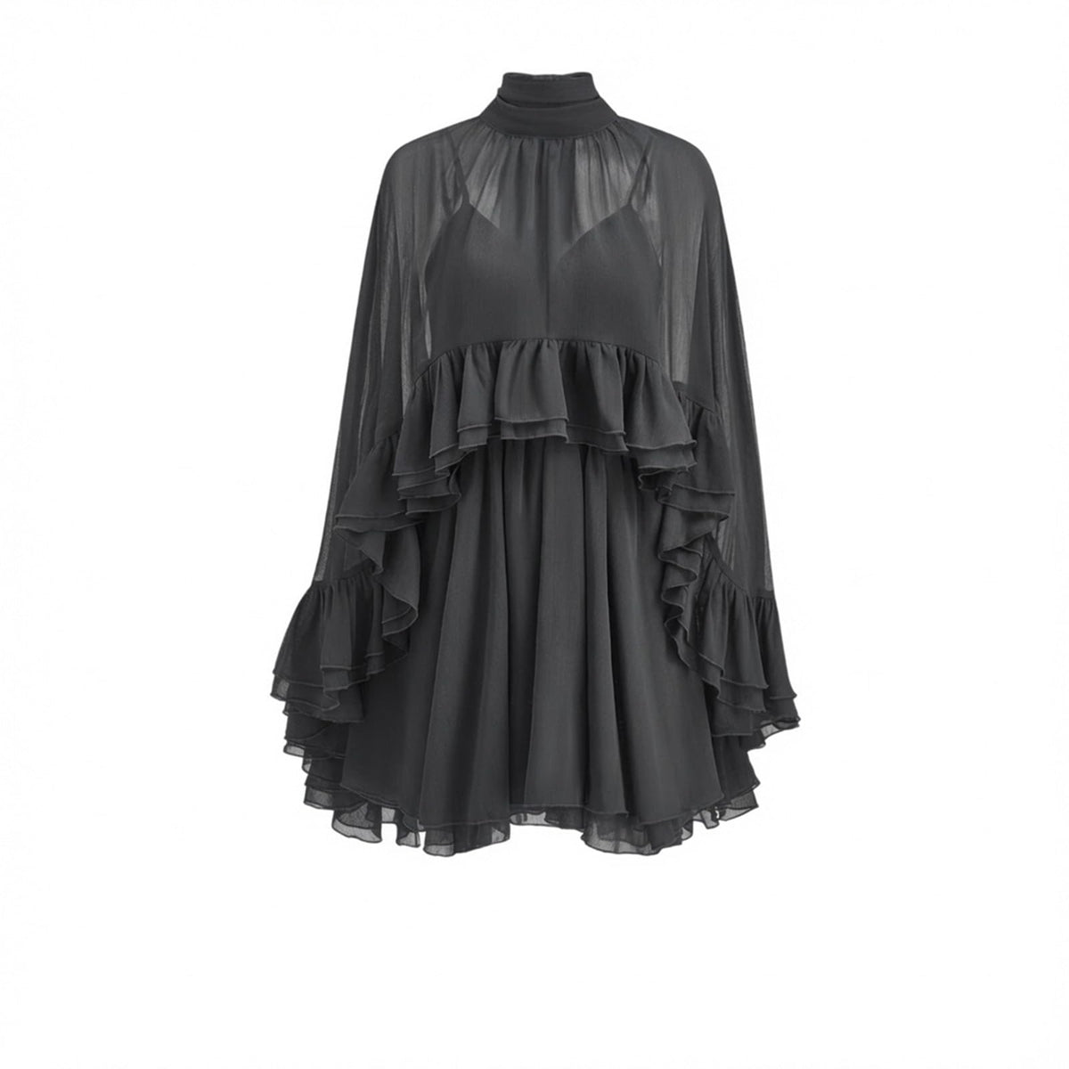 Women’s Semi Sheer Chiffon Ruffle Dress with Outer Cape, Poncho Sleeve Flowy Mini Dress, Loose Fit Elegant Summer Dress