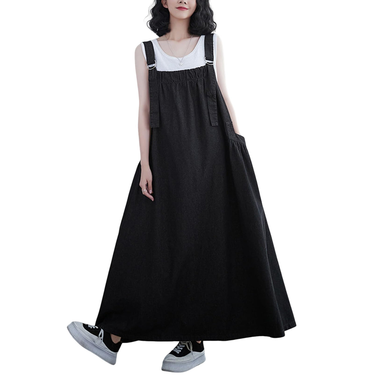 Women's Casual Loose Denim Dress Sleeveless Adjustable Straps Denim Jumper Dress with Pockets