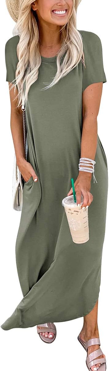 ANRABESS Womens Summer Maxi Dress Short Sleeve Casual Loose Long T Shirt Dresses Split Vacation Beach Sundress Travel Outfits