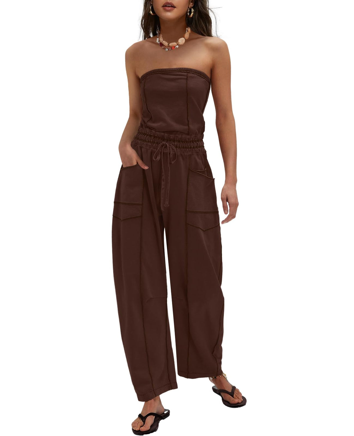 LAMISSCHE Womens Casual Strapless Jumpsuits off the Shoulder Summer Rompers Sleeveless One Piece Outfits with Pockets